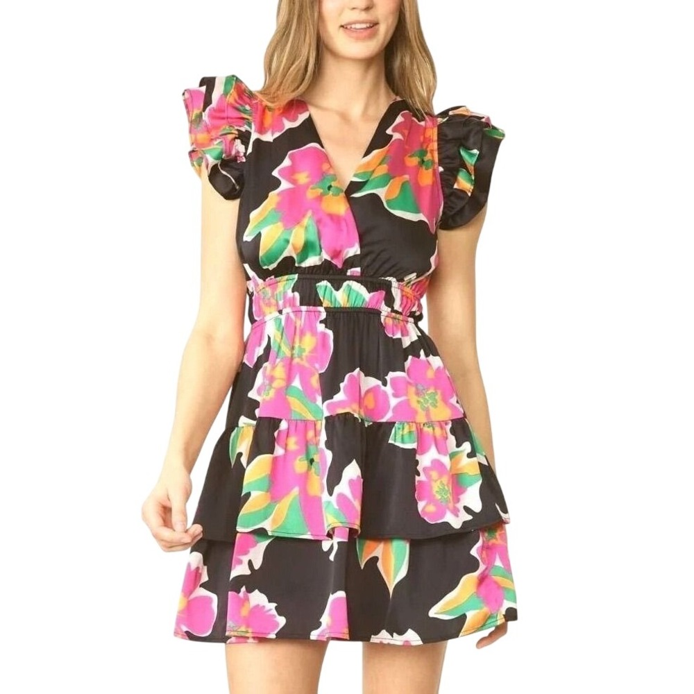Entro Floral Mini Dress Womens M Black Pink Ruffle Boho Feminine Romantic Dainty